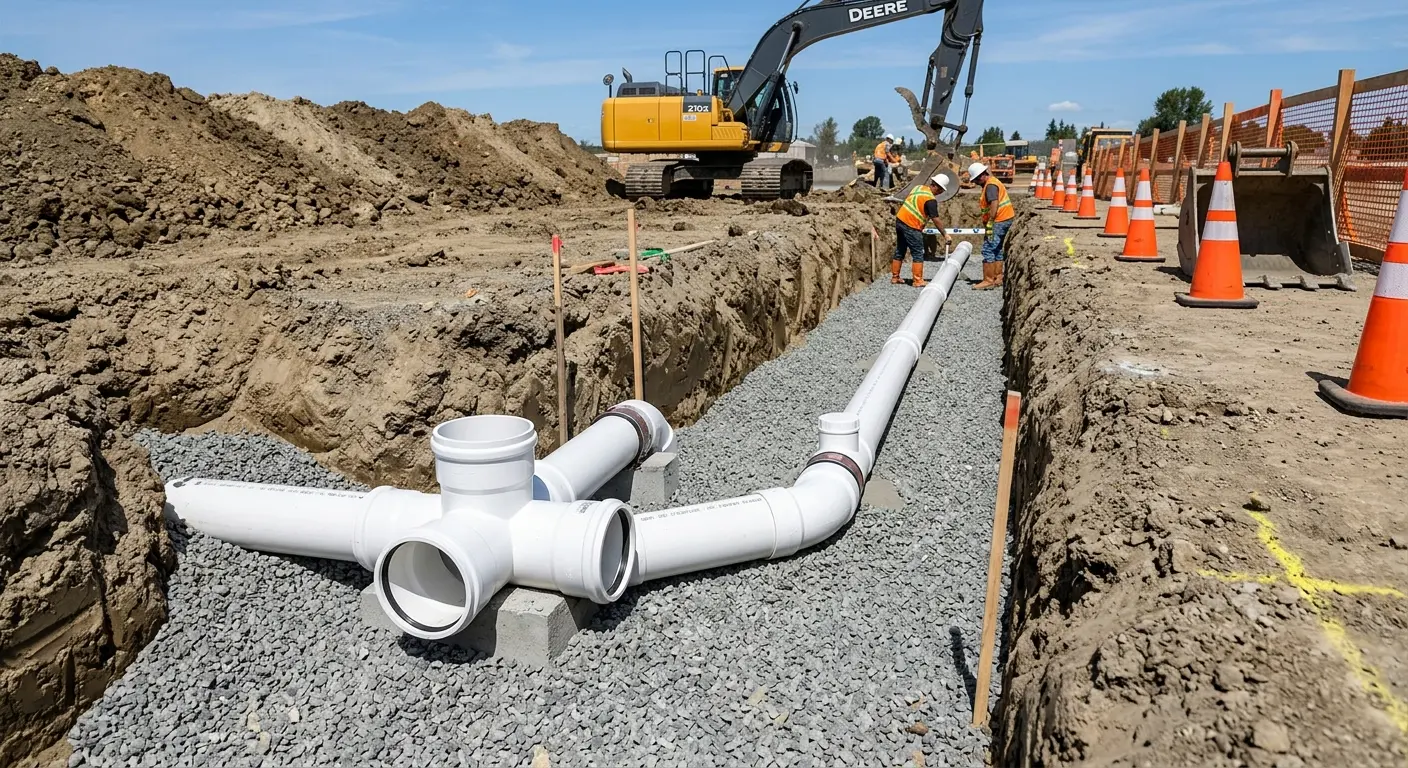 New PVC sewer pipe installation in open trench for Sewer Backup in Layhill