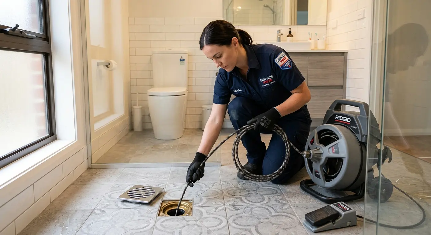 Technician clearing a bathroom floor drain for Drain Cleaning in Layhill